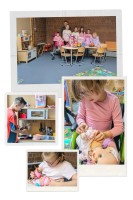 Kinder spielen mit den neuen Spielsachen in der Puppenecke