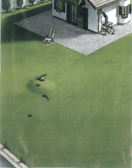 Das Bild zeigt eine Rasenfläche mit einem zerbrochenen Gartenzwerg.